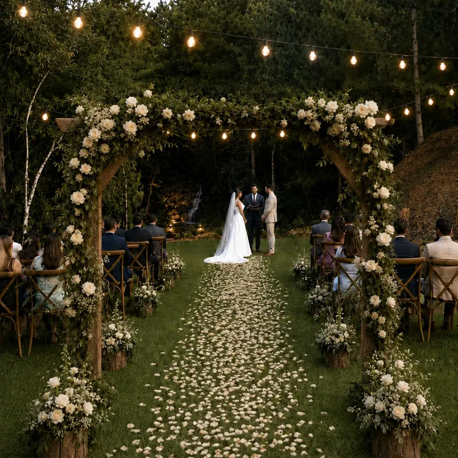 Cerimônia de casamento montada próxima à cachoeira