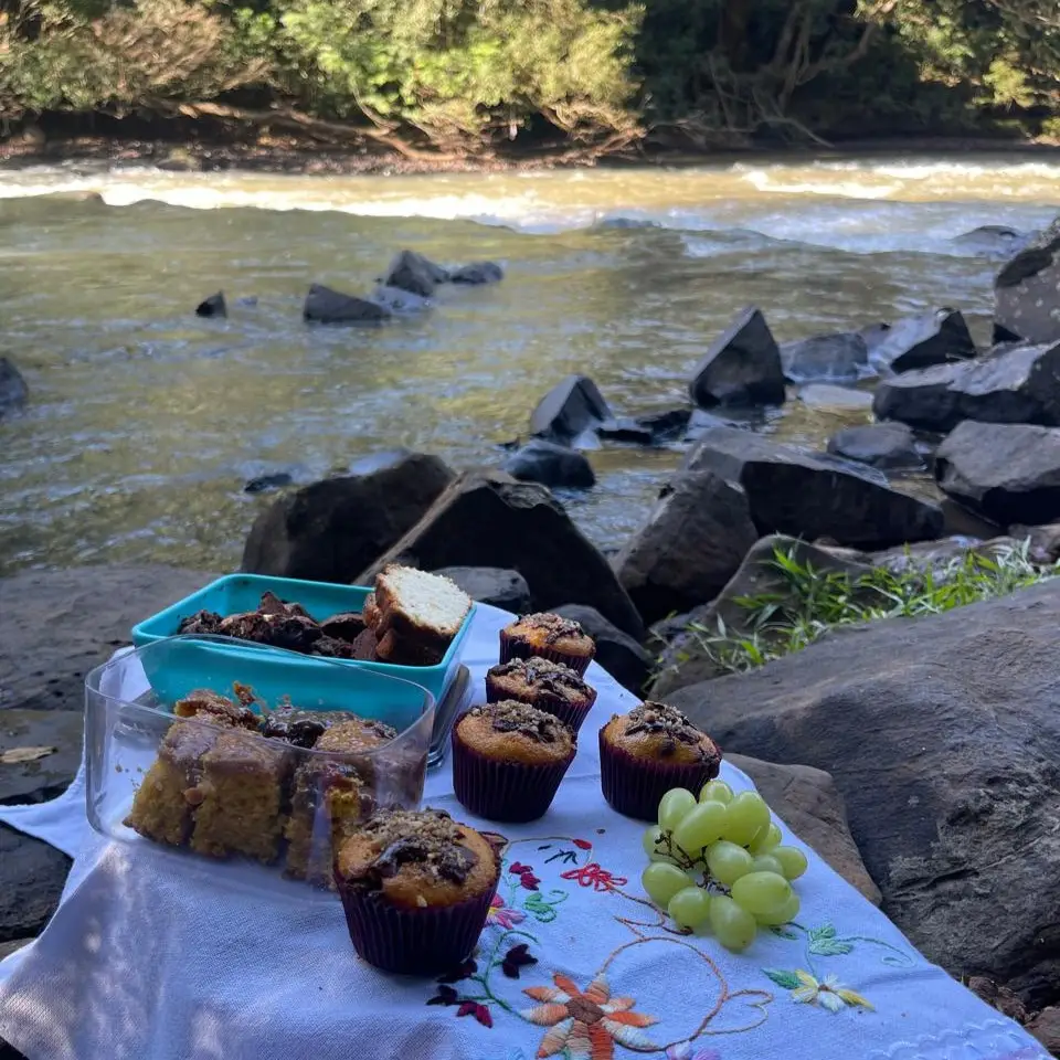 Piquenique servido sobre as pedras às margens do rio
